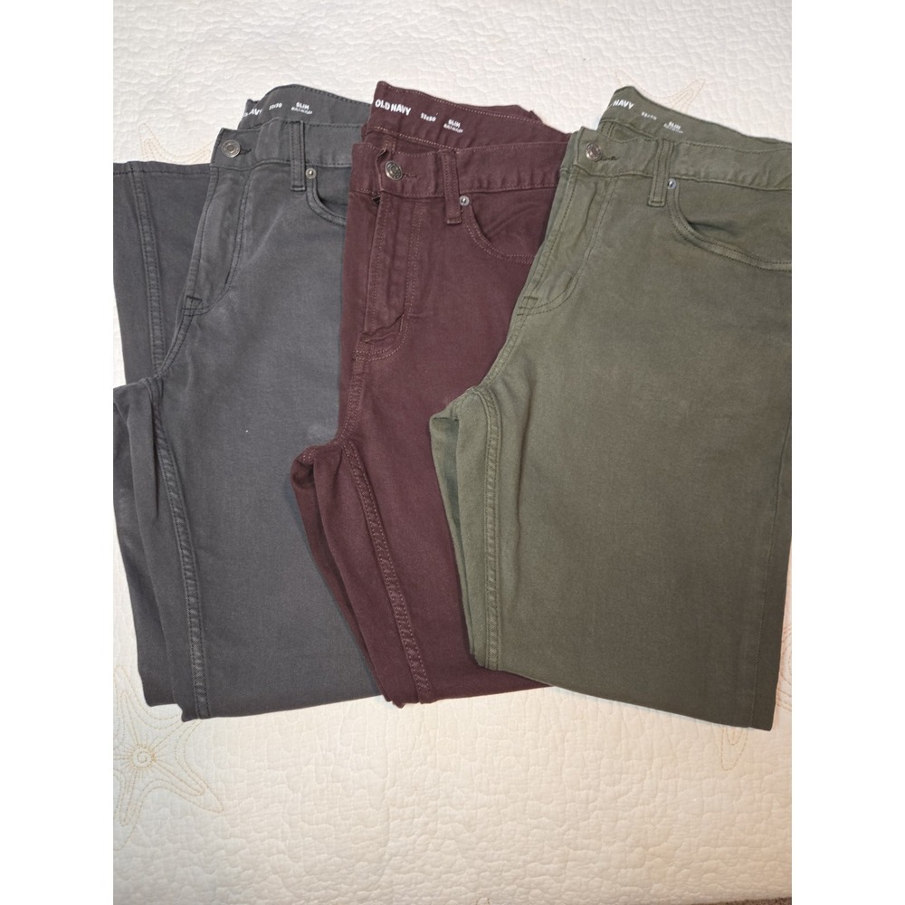 3 Old Navy Mens Jeans 33 X 30 Slim Built-in Flex Maroon Green Steel Gray
